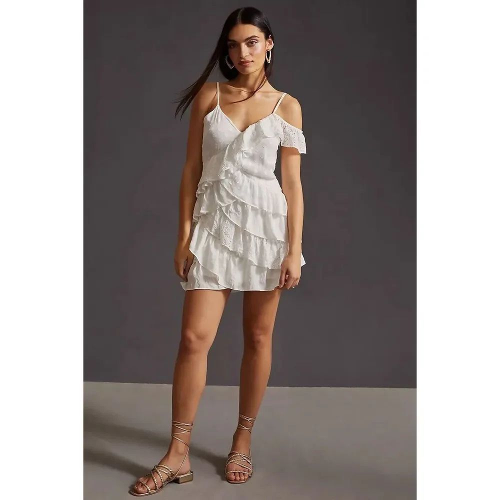 Anthropologie V-Neck Asymmetrical Ruffle Mini Dress
